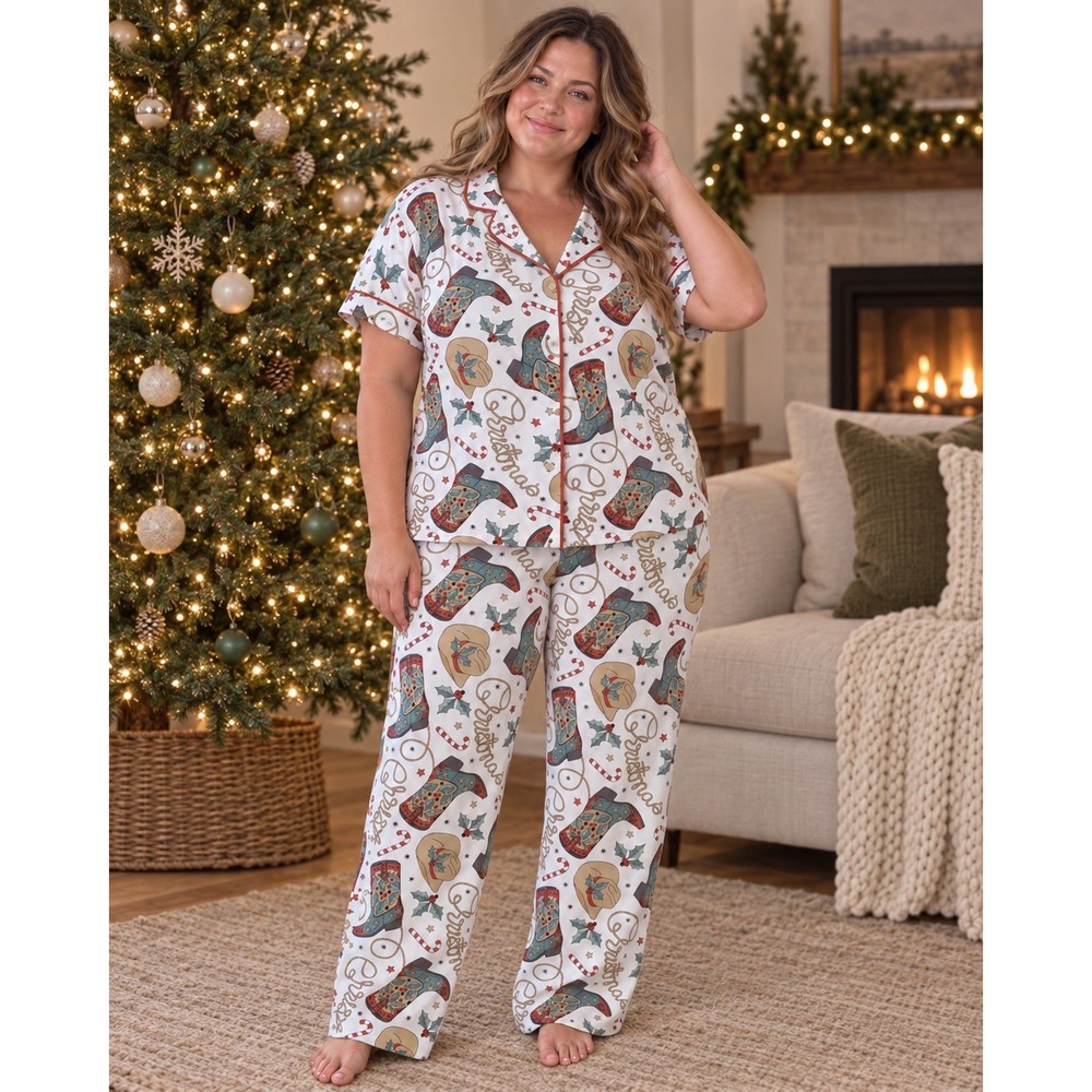 Howdy Hanny Pajama Set (L) Western Christmas Ranchcore Cowgirl Boots Candy Canes